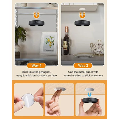 Two installation methods for magnetic puck light: magnet or adhesive backing