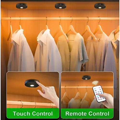 Magnetic puck light used in closet showing both touch and remote control options