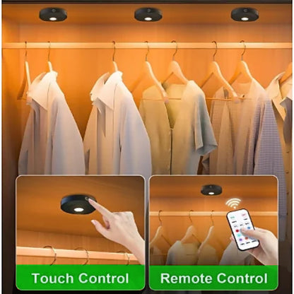 Magnetic puck light used in closet showing both touch and remote control options