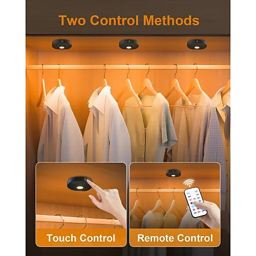 Magnetic puck light used in closet showing both touch and remote control options