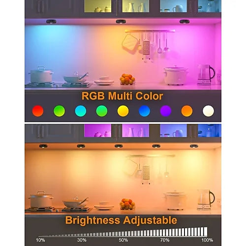 RGB multi-color puck lights under kitchen cabinets with brightness bar
