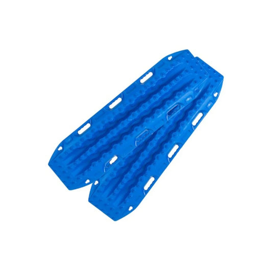 Bright blue Maxtrax MKII recovery boards with aggressive traction teeth.

