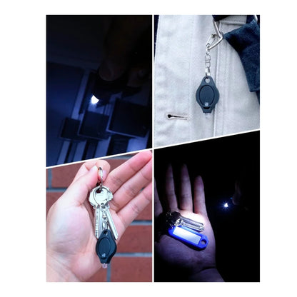 AO mini flashlight keychain with dimensions labeled at 8 cm long and 4 cm wide
