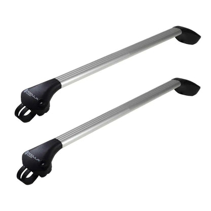 Pair of silver crossbars with black mounting feet for universal roof rack fit.