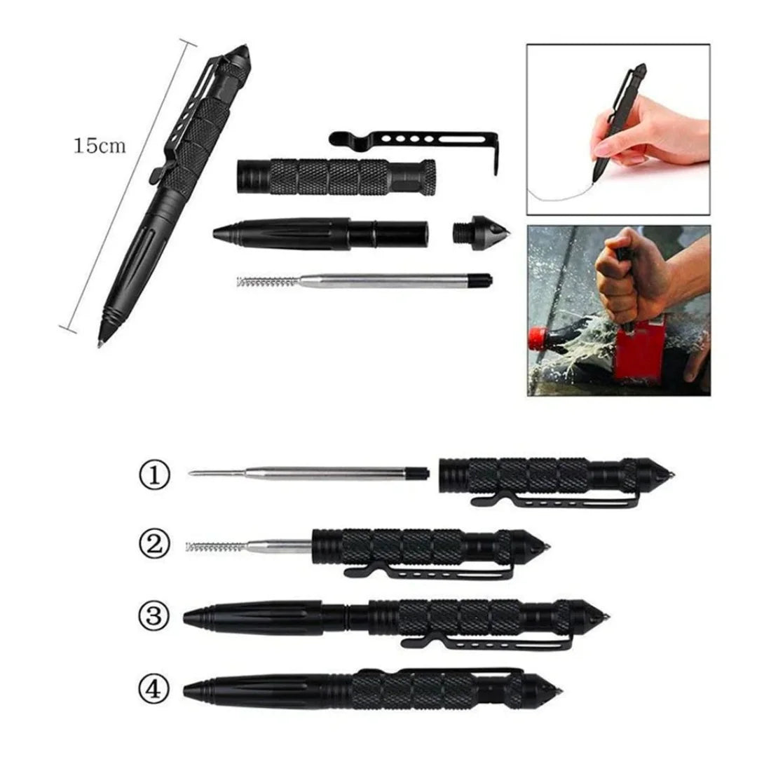 Tactical pen disassembled showing pen refill, components, and measurements
