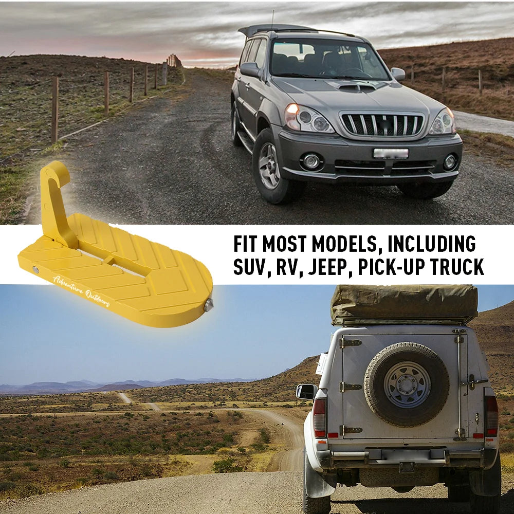 Yellow AO door step and SUV, showcasing rooftop access