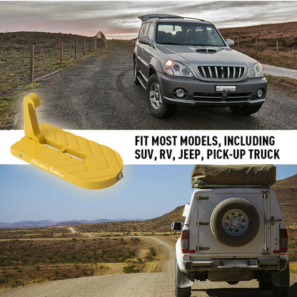 Yellow AO door step and SUV, showcasing rooftop access