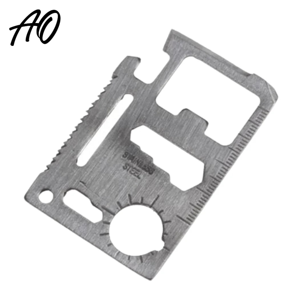 AO multi-function saber card with 11-in-1 stainless steel survival tools on white background

