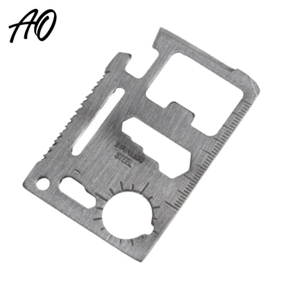 AO multi-function saber card with 11-in-1 stainless steel survival tools on white background


