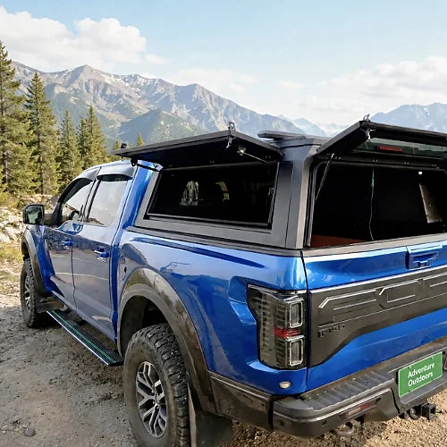 Overland truck canopy with open gullwing side doors for full side access to cargo and camping gear