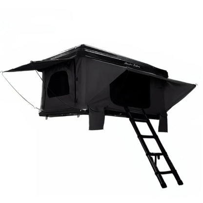 PlaNet AO Pop-Up Rooftop Tent open with black ABS hard shell, mesh windows, and telescoping ladder for SUV and truck rooftop camping