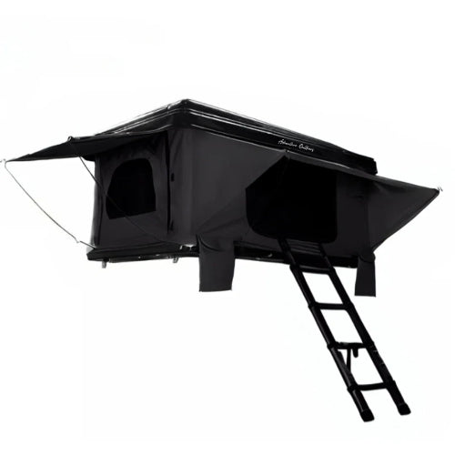 PlaNet AO Pop-Up Rooftop Tent open with black ABS hard shell, mesh windows, and telescoping ladder for SUV and truck rooftop camping