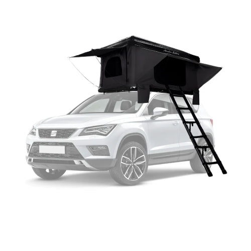 PlaNet AO Pop-Up Rooftop Tent mounted on SUV with black ABS hard shell, pop-up design, mesh windows, and telescoping ladder for overland camping