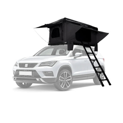PlaNet AO Pop-Up Rooftop Tent mounted on SUV with black ABS hard shell, pop-up design, mesh windows, and telescoping ladder for overland camping