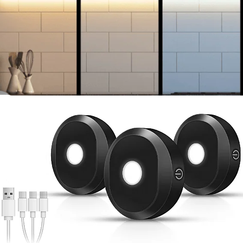 LED puck light 3-pack with remote control and 3-in-1 charging cable