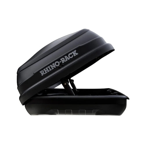 Rhino-Rack Masterfit Roof Box side opening with sturdy hinge mechanism and logo