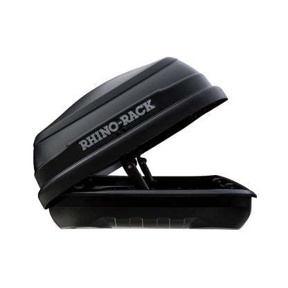 Rhino-Rack Masterfit Roof Box side opening with sturdy hinge mechanism and logo