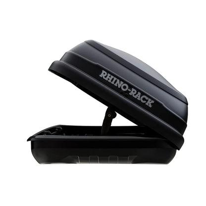 Side profile of the Rhino-Rack Masterfit Roof Box partially open showing durable build