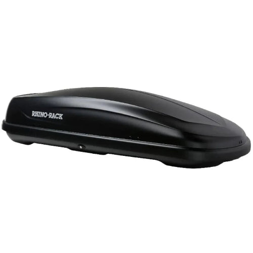 Rhino-Rack Masterfit Cargo Box in closed aerodynamic position, perfect for vehicle rooftop storage