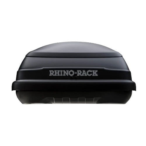 Front view of Rhino-Rack Masterfit Cargo Box with logo and aerodynamic contours