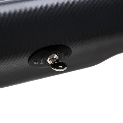 Close-up view of Rhino-Rack Masterfit Cargo Box lock with key for secure access