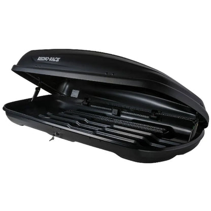 Rhino-Rack Masterfit Roof Box open view showing spacious interior with integrated straps