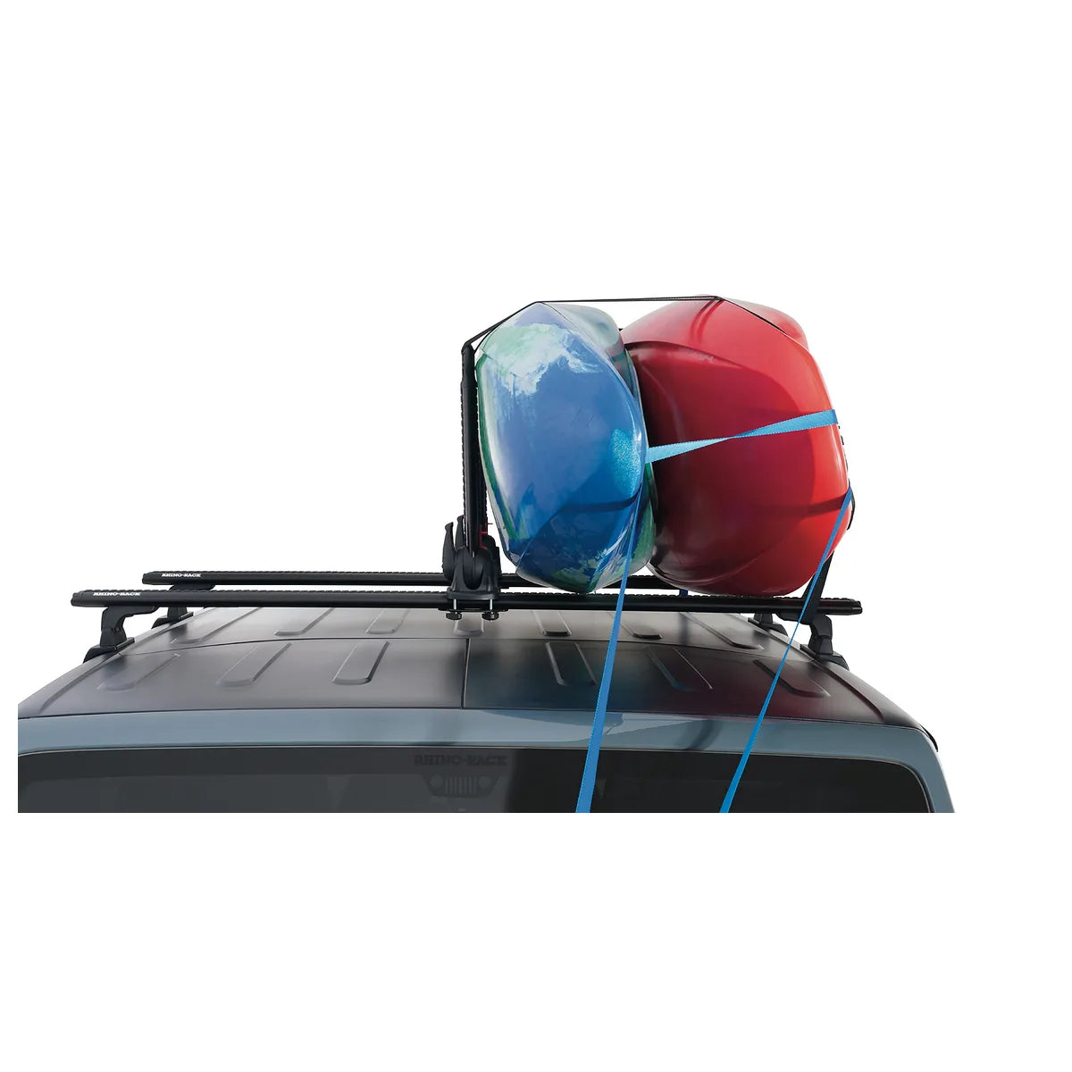 Rhino-Rack Nautic Stack carrying two kayaks vertically on a roof rack
