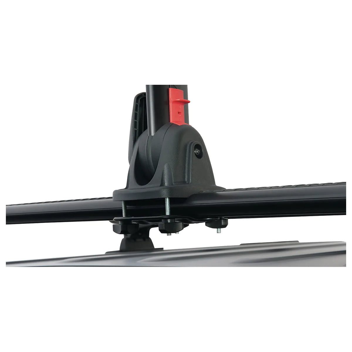 Close-up of Rhino-Rack Nautic Stack clamp and crossbar mounting hardware