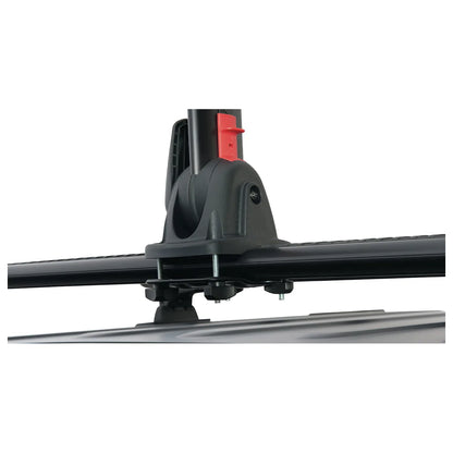 Close-up of Rhino-Rack Nautic Stack clamp and crossbar mounting hardware