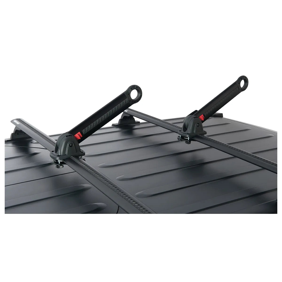 Pair of Rhino-Rack Nautic Stack kayak carrier arms mounted on crossbars