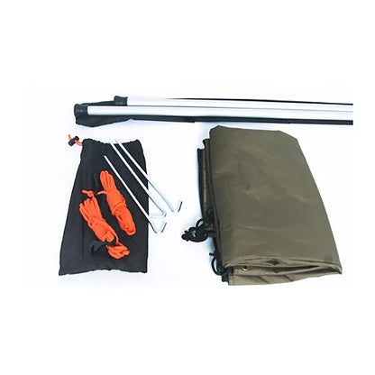 Rhino-Rack extension secured at an angle with poles and guy ropes