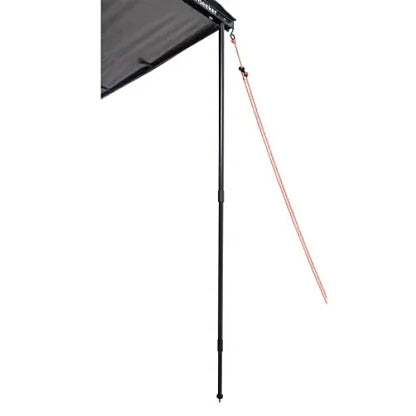 Close-up of telescopic vertical pole and tie-down securing awning