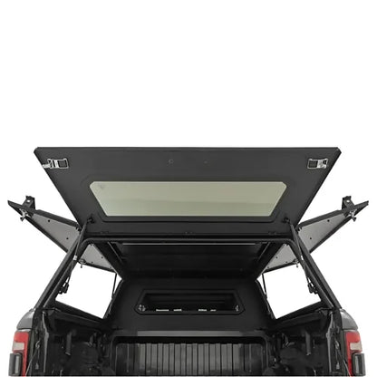 Rear gullwing doors open on Rough Country modular truck bed canopy with secure lockable panels