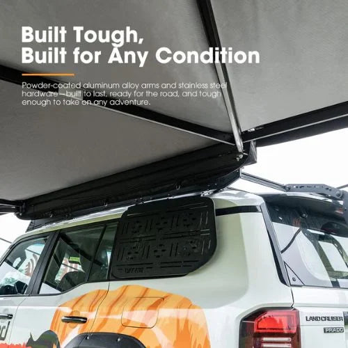 San Hima 180 degree 4x4 awning mounted on vehicle with aluminum alloy arms and stainless steel hardware