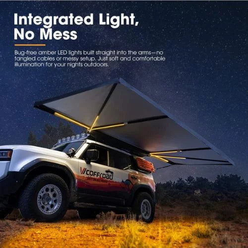 San Hima 180 degree camping awning with integrated amber LED lights for nighttime outdoor setup