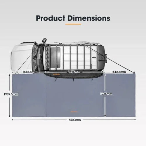 San Hima 180 degree awning dimensions diagram showing 11 square meters of freestanding coverage