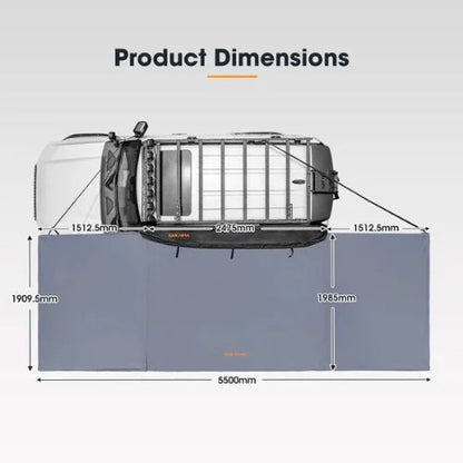 San Hima 180 degree awning dimensions diagram showing 11 square meters of freestanding coverage