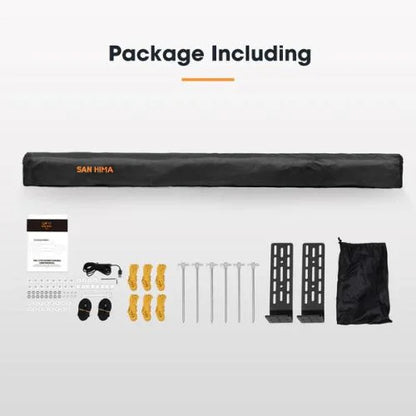 San Hima 180 degree awning package contents with mounting brackets, straps, guy ropes, pegs and hardware kit