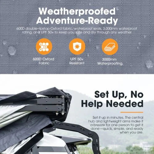 San Hima 180 degree car awning with 600D waterproof fabric, UPF 50+ protection and easy one-person setup