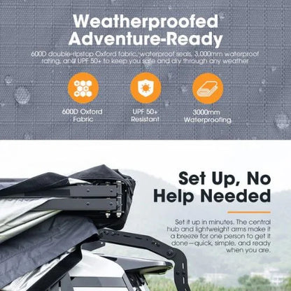 San Hima 180 degree car awning with 600D waterproof fabric, UPF 50+ protection and easy one-person setup