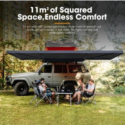 San Hima 180 degree freestanding awning providing 11 square meters of camping shade for outdoor cooking and relaxing