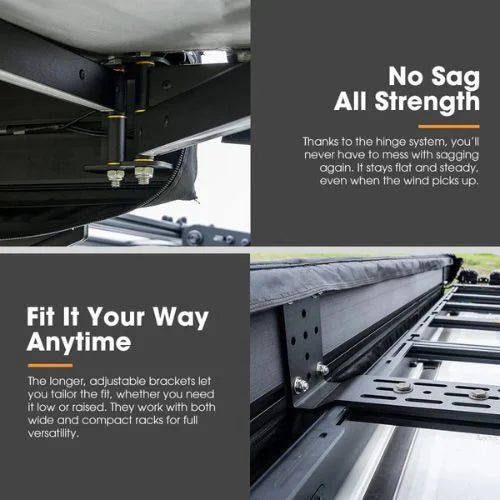 San Hima 180 degree freestanding awning hinge and adjustable L brackets for no-sag roof rack mounting