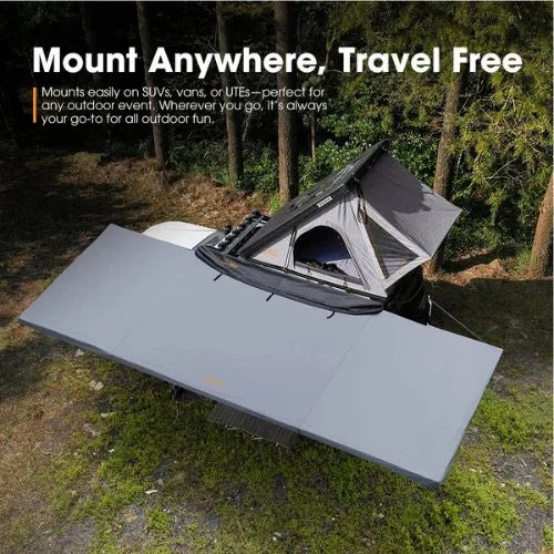 San Hima 180 degree vehicle awning opened beside an SUV for car camping shade and outdoor shelter