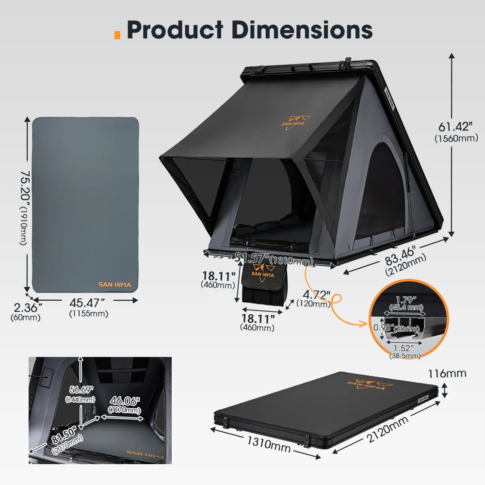 San Hima Hotham Lite GEN 2 Aluminum Rooftop Tent - Lightweight Slim Triangle Tent