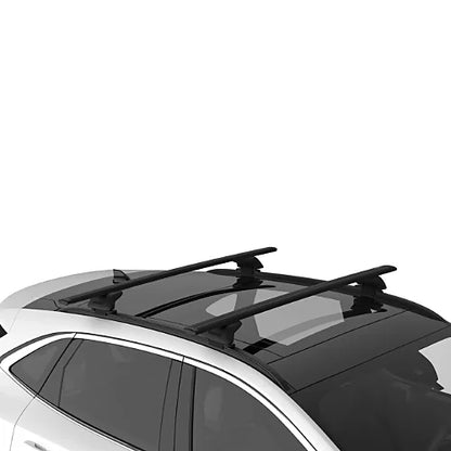 Top view of SightLine towers with crossbars installed across vehicle roof for cargo or bike racks