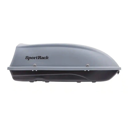 SportRack Explorer rooftop cargo box shown in side profile, gray color with logo.

