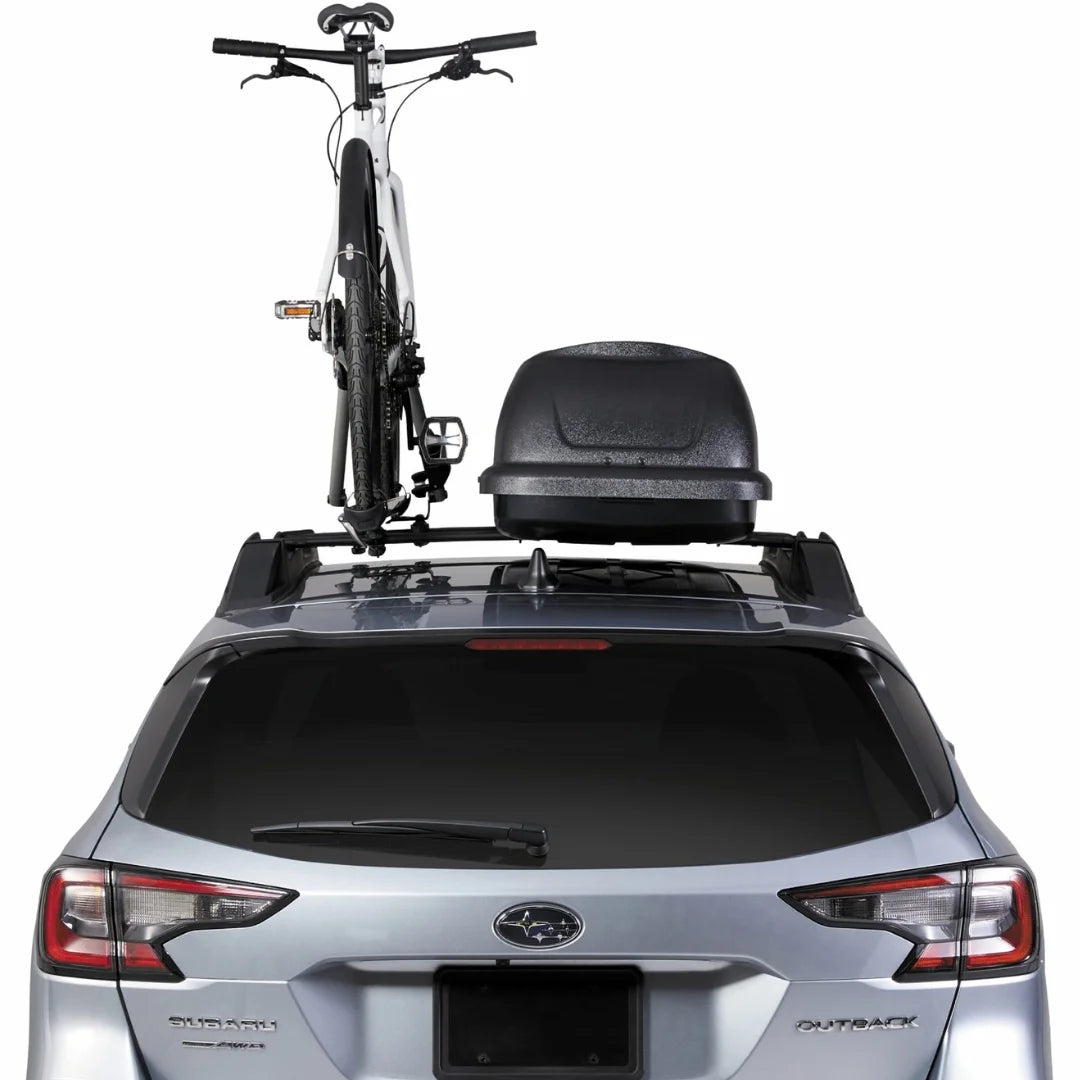 Rear view of vehicle with sportrack horizon alpine box and bike mounted alongside.