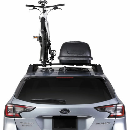 Rear view of vehicle with sportrack horizon alpine box and bike mounted alongside.