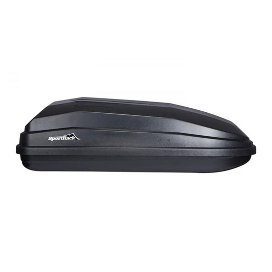 Side view of the SportRack Vista XL cargo box showing aerodynamic black ABS shell.