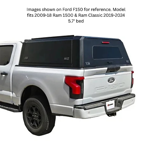 Stainless steel smart canopy rear side angle on Dodge Ram 1500 and Ram Classic 5.7' bed (shown on Ford F150 for illustration).